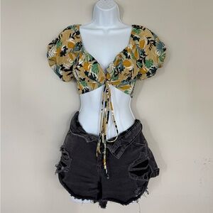 Tropical Floral Leaf Print Puff Sleeve Tie Front Crop Top Size L